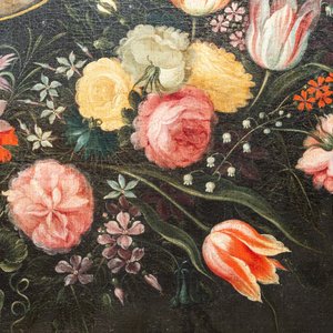Andries Daniels (c. 1580-1640), toegeschreven aan: 'De bruiloft van Jozef en Maria' in een ovaal medaillon met bloemenkrans, olie op doek — foto 12