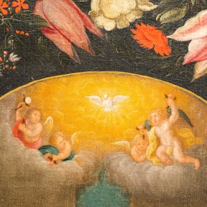 Andries Daniels (c. 1580-1640), toegeschreven aan: 'De bruiloft van Jozef en Maria' in een ovaal medaillon met bloemenkrans, olie op doek — foto 5