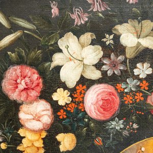 Andries Daniels (c. 1580-1640), toegeschreven aan: 'De bruiloft van Jozef en Maria' in een ovaal medaillon met bloemenkrans, olie op doek — foto 8