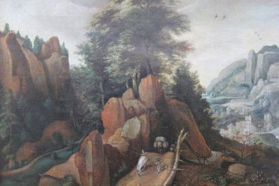 Antwerpse School, begin 17e, "Reizigers in een landschap", olie op doek