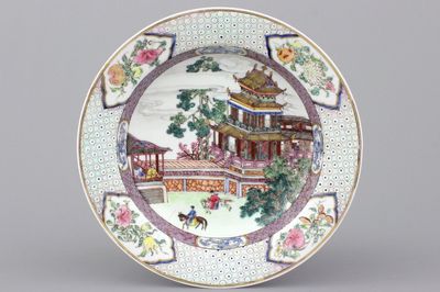 Assiette de paysage en porcelaine de Chine, bord arrière en rubis, Yongzheng, env. 1725-1730