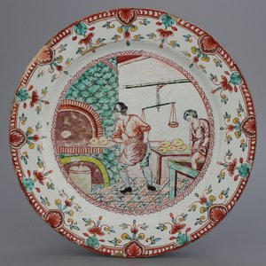 Assiette en faïence de Delft doré avec décor d'un intérieur de boulangerie, 18e — photo 1
