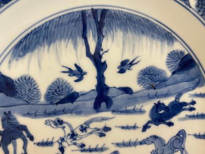 Assiette en porcelaine de Chine en bleu et blanc à décor des 'Huit chevaux de Mu Wang', Kangxi — photo 5