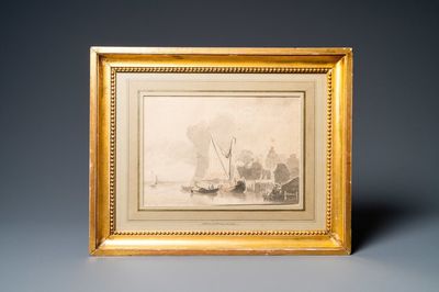 Attr. à Cornelis Springer (1817 - 1891), crayon et aquarelle en brun sur papier: Des barques à fond plat auprès de la rive