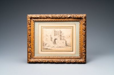 Attr. à Jacob van Ruisdael (1628/9 - 1682), crayon sur papier: Paysage avec ruine