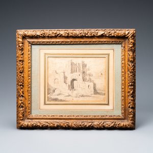 Attr. to Jacob van Ruisdael (1628/9 - 1682), pencil on paper: Landscape with ruins — photo 1