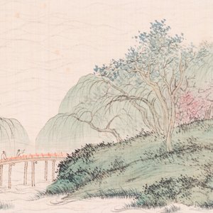 Attribué à Pu Xinyu 溥心畬 (1896-1963) : 'Lettrés sous un saule dans un paysage montagneux', encre et couleurs sur soie — photo 5