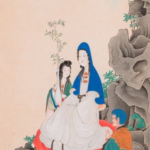 Attribué à Ren Xun 任薰 (1835-1893): 'Bodhisattva et serviteurs', encre et couleurs sur papier — photo 1