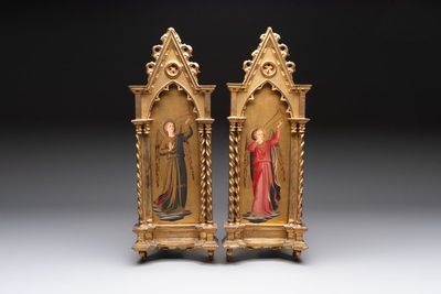 Attributed to C.L. Romoli: 'Trumpeting Angels', oil on panel, Italy, Neo-Gothic, 19th C.
