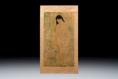 Attributed to Nguyen Gia Tri (1908-1993): 'Bather', ink and watercolour on silk, Tien Sa, dated 1st Jan. 1974