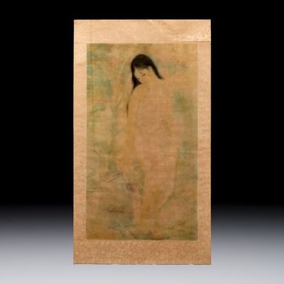 Attributed to Nguyen Gia Tri (1908-1993): 'Bather', Tien Sa, ink and watercolour on silkink and watercolour on silk, dated 1st Jan. 1974
