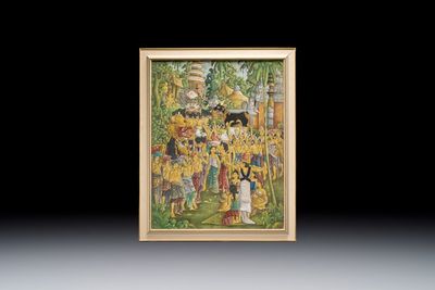 Balinese school: 'Ceremonial Festivities', oil on canvas, illegibly signed, Ubud, 20th C.