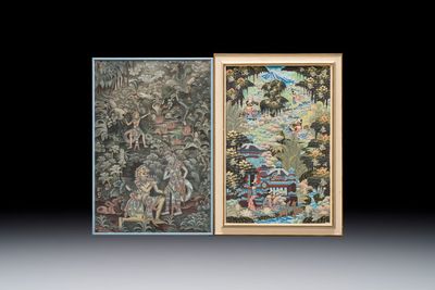 Balinese school: 'Divinities', oil on canvas, illegibly signed, 20th C.; I Made Sinteg (b. 1943): 'Rajapala dan Tujuh Bidadari', oil on canvas, 20th C.