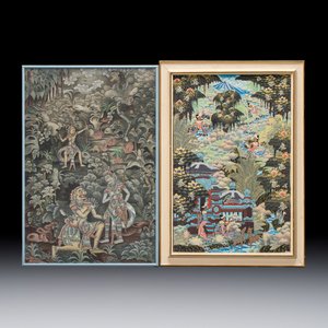Balinese school: 'Divinities', oil on canvas, illegibly signed, 20th C.; I Made Sinteg (b. 1943): 'Rajapala dan Tujuh Bidadari', oil on canvas, 20th C. — photo 1