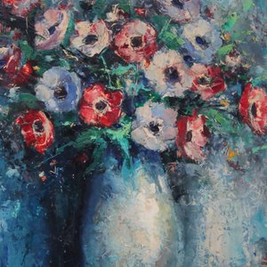 Bernard Bosschaert (1935- ), Stilleven met anemonen, olie op paneel — foto 1