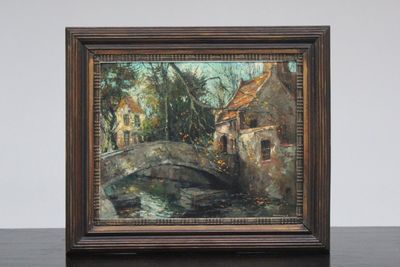 Bernard Bosschaert (1935- ), Zicht op de Bonifaciusbrug in Brugge, olie op doek