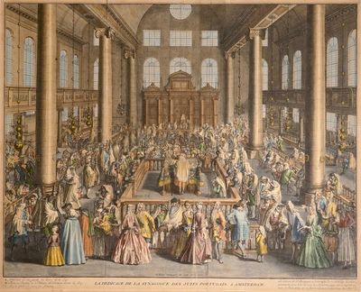 Bernard Picart, "Inauguration of the Portuguese Synagogue in Amsterdam", hand-colored copper engraving, 1724-1737