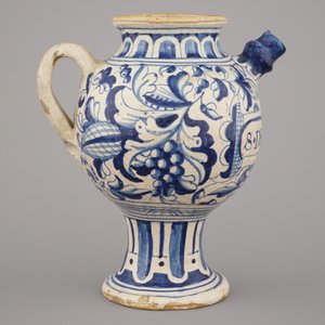 Blauw en witte siroopkan in Antwerpse majolica met "foglie" decor, ca 1580 — foto 3