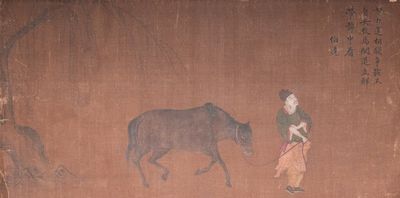 Bo Yuan 伯遠: 'Een stalknecht met zijn paard', inkt en kleur op zijde, wellicht Ming