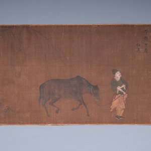 Bo Yuan 伯遠: 'Een stalknecht met zijn paard', inkt en kleur op zijde, wellicht Ming — foto 2