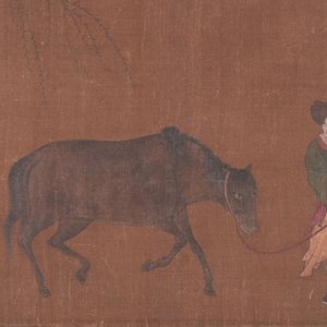 Bo Yuan 伯遠: 'Un palefrenier mène un cheval', encre et couleurs sur soie, probablement Ming — photo 5