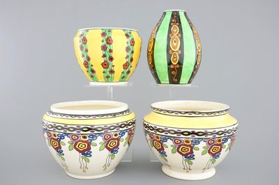 Boch Kéramis: 3 cachepots et un vase art deco, 20ème