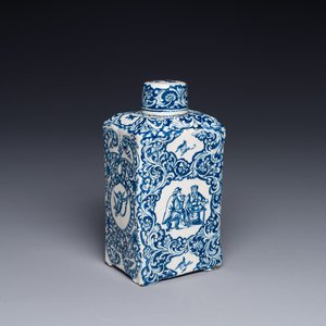 Boîte à thé couverte de forme rectangulaire en faïence de Delft bleu et blanc, 18ème — photo 1