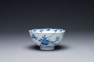 Bol en porcelaine de Chine en bleu et blanc à décor de la chasse mongole, marque de Chenghua, Kangxi
