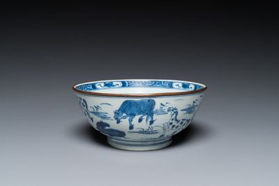Bol en porcelaine de Chine en bleu et blanc à décor des 'Huit chevaux de Mu Wang', Kangxi