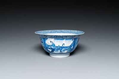 Bol en porcelaine de Chine en bleu et blanc à décor narratif, marque et époque de Kangxi