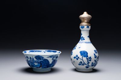 Bol en porcelaine de Chine en bleu et blanc et un vase à monture en argent, marque Shen De Tang Zhi 慎德堂製, Kangxi