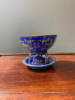 Bol sur réchaud en émaux de Pékin aux caractères Shou, Chine, Qianlong — photo 1