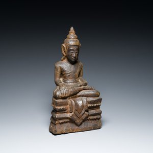 Bouddha assis en bois de teck laqué et partiellement doré, Royaume d'Hanthawaddy, Birmanie, 16ème — photo 1
