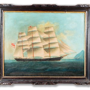 Canton school: 'A British Merchant Vessel at Sea', oil on canvas in original Chippendale-style frame, 1st half 19th C. — photo 1