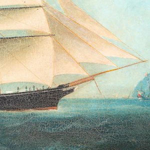 Canton school: 'A British Merchant Vessel at Sea', oil on canvas in original Chippendale-style frame, 1st half 19th C. — photo 7