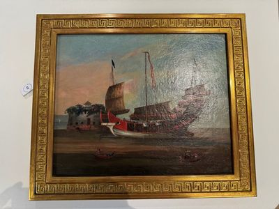 Canton school: 'A merchant vessel in front of the folly fort', oil on canvas, China, 18th C. — 照片 1