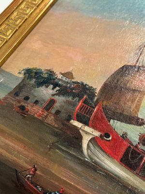 Canton school: 'A merchant vessel in front of the folly fort', oil on canvas, China, 18th C. — 照片 2