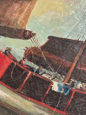 Canton school: 'A merchant vessel in front of the folly fort', oil on canvas, China, 18th C. — 照片 3