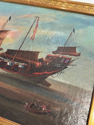Canton school: 'A merchant vessel in front of the folly fort', oil on canvas, China, 18th C. — 照片 4