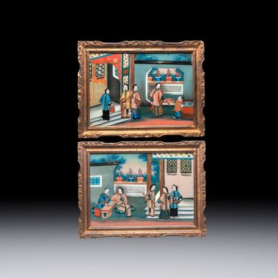 Canton school: A pair of reverse glass paintings in original frames, 18/19th C.
