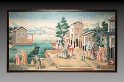 Canton school: 'Farewell at the entrance of the official residence', gouache on paper, Qianlong