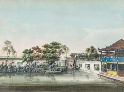 Canton school: 'Garden Scene With a Lady', ink and colour on paper, 19th C.