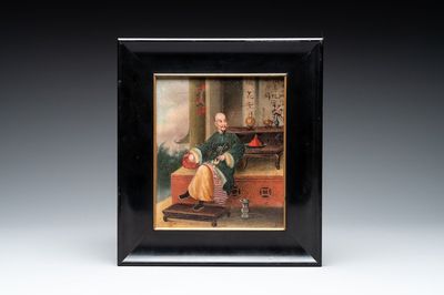 Canton school, workshop of Lamqua: 'Portrait of a Pipe Smoker', oil on canvas, 19th C.