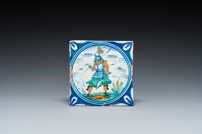 Carreau à décor d'un soldat dans un médaillon en majolique polychrome, Pays-Bas, fin du 16ème