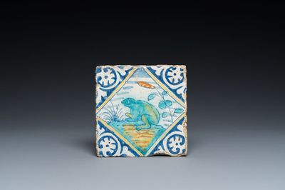 Carreau en majolique polychrome figurant une grenouille, Anvers ou Middelburg, fin du 16ème