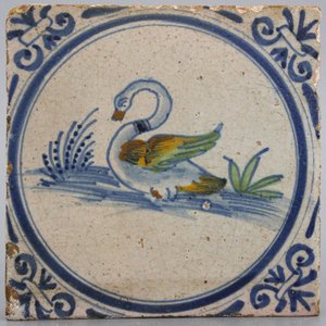 Carreau rare en faïence de Delft, polychrome, décor cygne, Haarlem env. 1620 — photo 1