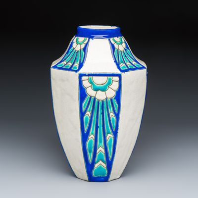 Charles Catteau for Boch Kéramis: An Art Deco crackle-glazed earthenware vase with geometric design, first half 20th C.