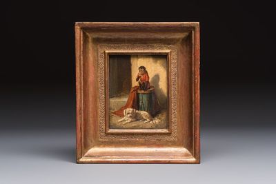 Charles van der Eycken (Belgium, 1859-1923): 'Monkey and Maltese', oil on panel, 19th C.