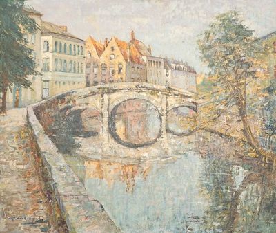 Charles Verbrugghe (1877-1974), Une vue sur le pont d'Augustins à Bruges, huile sur panneau