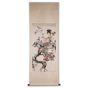 Cheng Shifa 程十发 (1921-2007): 'Dame jouant du Pipa pour deux aigles', encre et couleur sur papier, datée 1988 — photo 1
